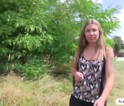 Alluring blonde Cheryl sucks and fucks for a big bucks of money in the woods