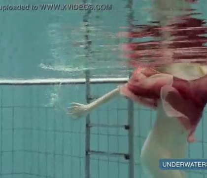 Katya Okuneva in red dress pool girl