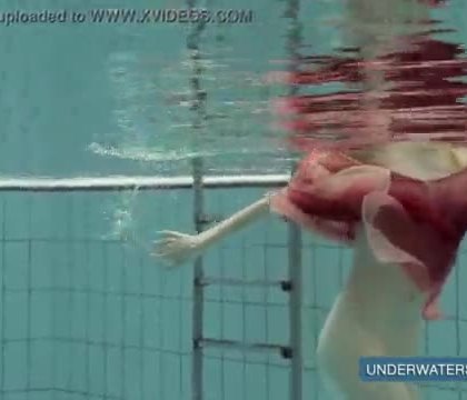 Katya Okuneva in red dress pool girl